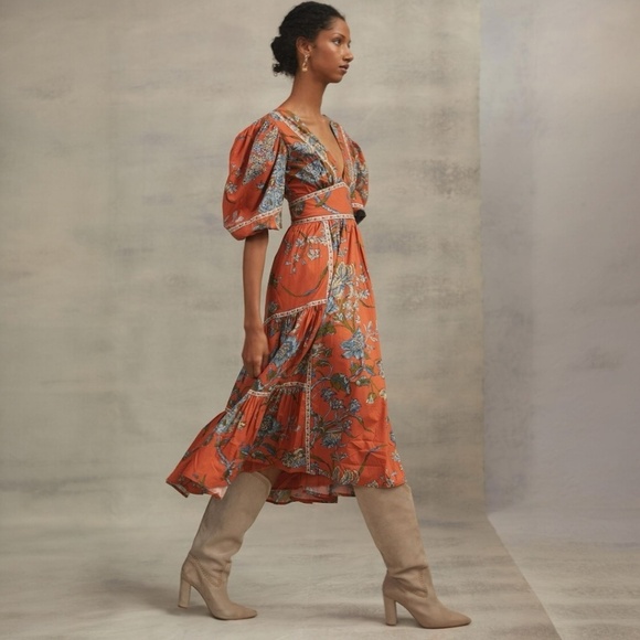 Love the Label Dress Puff- Sleeved Tiered Midi dress in Orange Size XS - Picture 5 of 9